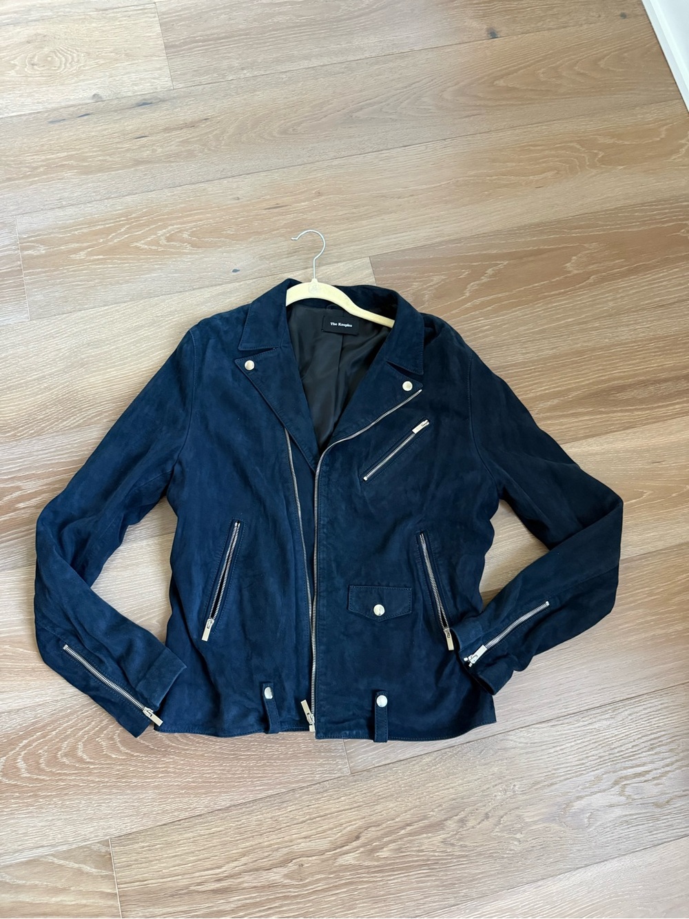 The Kooples Dark Navy Suede Moto Jacket with Silver Hardware